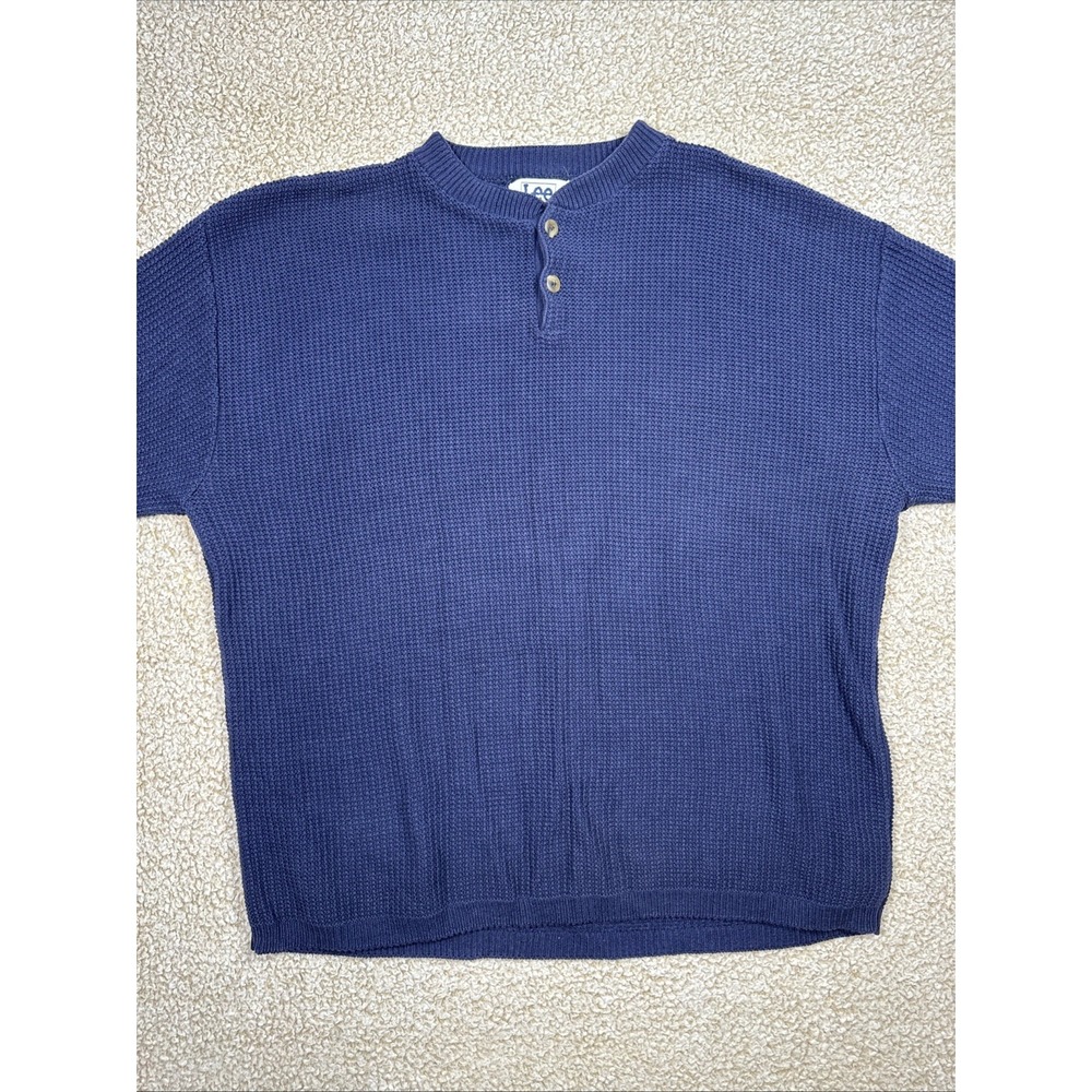 VTG Lee Sport Waffle Knit Sweater Men's L Navy Blue Made in USA Cozy 100% Cotton